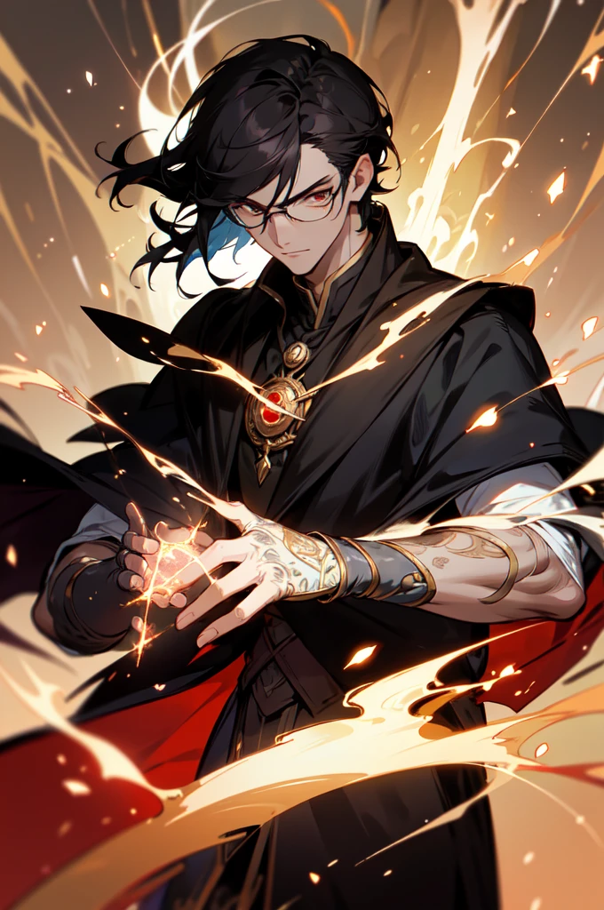 masterpiece, best quality, 1 male, young, tall muscular, handsome, finely detailed eyes, intricate details, black hair, short hair, evil face, solo, upper body, detailed dark shadow background, detailed face, good sorcerer, color magical robes, determined expression, white color scheme, dark crimson light, glowing magical runes, realistic lighting, floating particles, sparks, surrounded by gold lightning red arcane symbols, corrupted by eldritch power, bloom, glasses, gloves
