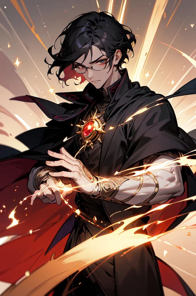 masterpiece, best quality, 1 male, young, tall muscular, handsome, finely detailed eyes, intricate details, black hair, short hair, evil face, solo, upper body, detailed dark shadow background, detailed face, good sorcerer, color magical robes, determined expression, white color scheme, dark crimson light, glowing magical runes, realistic lighting, floating particles, sparks, surrounded by gold lightning red arcane symbols, corrupted by eldritch power, bloom, glasses, gloves