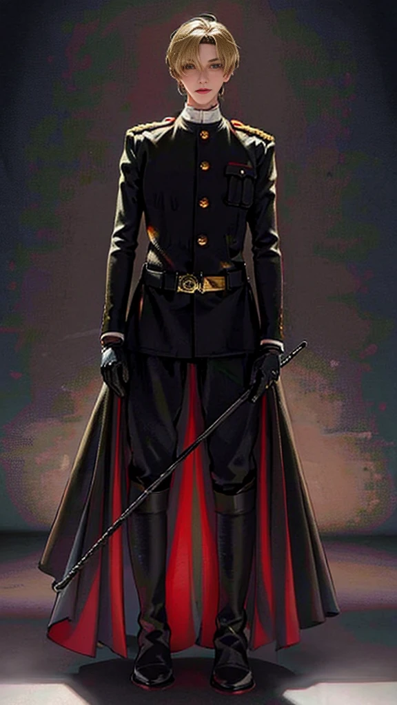 (highest resolution, distinct_image) best quality, a woman, solo, masterpiece, highly detailed, semi realistic, blonde hair, bangs, 18 years old, mature, young, tall strong, uniform, military uniform( large indoor background), cold, serious, tall, handsome, autocratic, powerful, exquisite facial features, exquisite facial features, (full body)(black knee-high boots:1.4)(dominatrix:0.5)(white Yoga pants:1.3),(gloves:1.5)(long sleeves),(active sportswear shirt),solo,1girl,(looking at viewer),(from below:0.7)(head turned upwards:0.3)(smiling:0.4)(bodysuit:0.3)(holding riding crop:1.2)(muscular:0.8)(shirt tucket in pants)(parquet flooring)(standing on floor)(pretty eyes)(staring)(yandere),general,leader, authority,royal, military