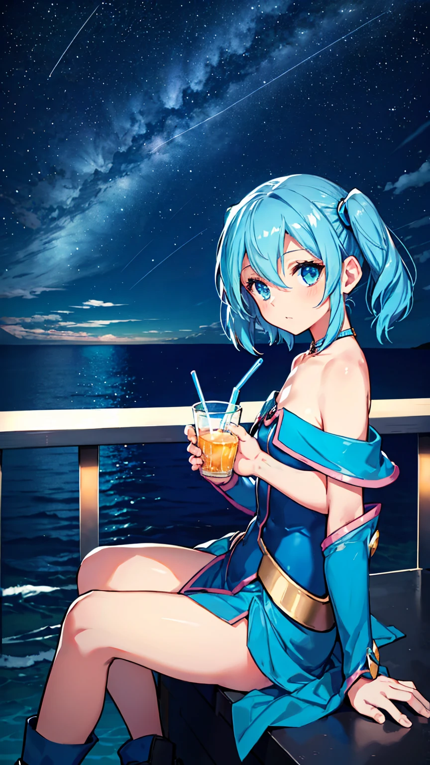 Bar in the sky, 1girl, solo, alone, ,flat chest,blue hair,short twintails,middle hair,sky blue eyes,sitting at bar counter, from side, drinking, (ocean:1.3), candles, starry sky, shooting stars, masterpiece, best quality, ultra detailed,bar