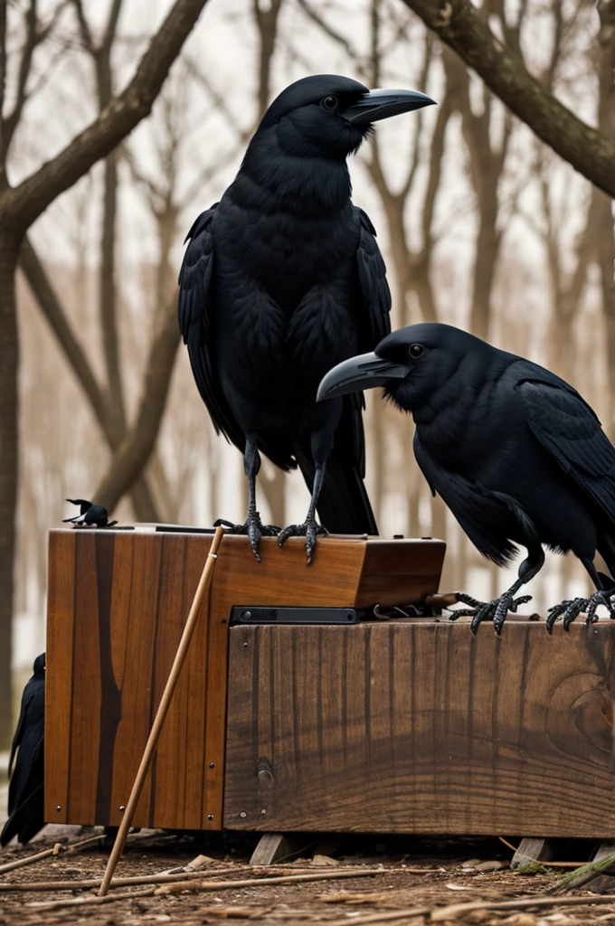 Humanoid crows playing musical instruments