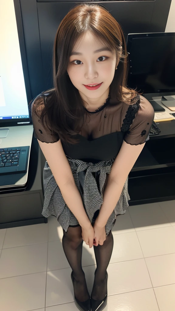 ((top-quality、​masterpiece、photographrealistic:1.4、in 8K))、Beautuful Women１a person、25years old、delicate and beautiful face、Eyes and faces with detailed 、(Modern workplace with computer:1.2)、(Shirt:1.2)、(standing:1.2)、A smile、Beautiful lighting、Textured skin、Super Detail、high detailing、High quality、hight resolution、（looking at the viewers）、Detailed mouth、Opening Mouth、full body Esbian、tight skirts、Women at work、Fishnet Stockings、Coffee、window、Women who can work、high-heels, short hair 