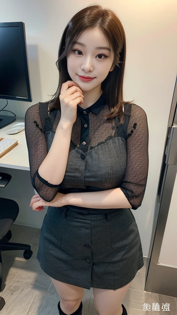 ((top-quality、​masterpiece、photographrealistic:1.4、in 8K))、Beautuful Women１a person、25years old、delicate and beautiful face、Eyes and faces with detailed 、(Modern workplace with computer:1.2)、(Shirt:1.2)、(standing:1.2)、A smile、Beautiful lighting、Textured skin、Super Detail、high detailing、High quality、hight resolution、（looking at the viewers）、Detailed mouth、Opening Mouth、full body Esbian、tight skirts、Women at work、Fishnet Stockings、Coffee、window、Women who can work、high-heels, short hair 