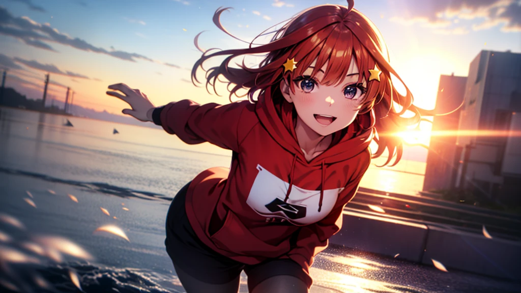 itsukinakano, Itsuki Nakano, bangs, Ahoge, Redhead, star \(symbol\), Smiling Kindly,hair ornaments, happy smile, smile, Open your mouth,Short braided hair,red oversized hoodie,Shorts,White Pantyhose,High-top sneakers,(LOL:1.1), (Open your mouth:1.1), Sun glare, Bokeh, Written boundary depth, Blurred Background, Particles of light, Strong winds, (Heart Particles:1.1), Highly detailed face, Perfect lighting, Highly detailed CG, (Perfect hands, Perfect Anatomy)