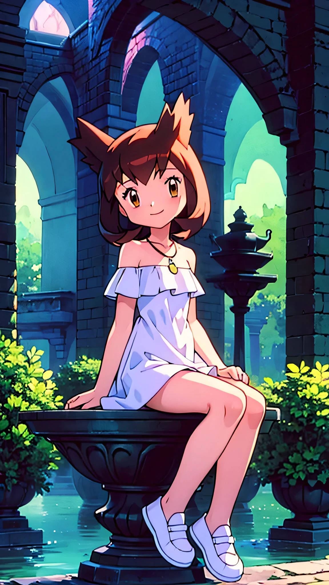 masterpiece, best quality, ultra-detailed, illustration, beautiful detailed eyes, very detailed illustration, cinematic lighting, 1 girl, solo, Pokemon Heroes (Bianca), Brown Hair, brown eyes, 1 girl, solo, bare shoulders, strapless, off shoulders, ruffle off the shoulder top, white maxi dress, intricate details, sharp focus, high resolution, evening light, purple sundown, garden and forest, sitting on a water fountain, cowboy shot, white shoes, full body, light smile, wide field, a little blue necklace