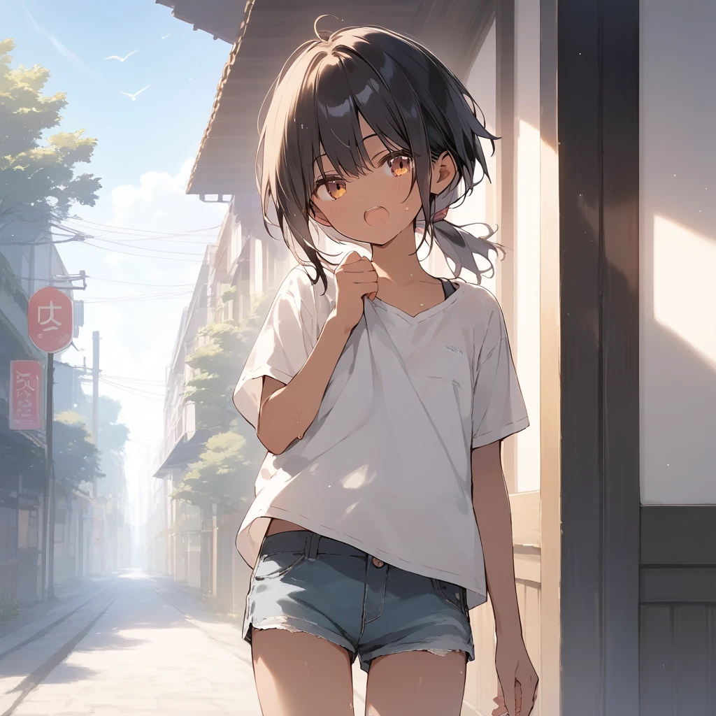 score_9, score_8_up, score_7_up, source_anime, best quality, masterpiece, official art, absurdres, highres, ultra-detailed,waifu2x,Collection: Slice of Life,break,1girl, tomboy, dark-skinned female, short hair, low ponytail, flat chest, beautiful detailed eyes, short shorts, sweat, open mouth, (yawn:0.3), sleepily, outdoors, wind, break,(clear line illustration:1.2),very high resolution, very aesthetic, super detailed skin, Best sexual lighting powered by famous artist, 8k,cute picture,beauty illustration,photoshop_(medium),,(Detailed Lighting),best anime 8k konachan wallpaper, pixiv contest winner,