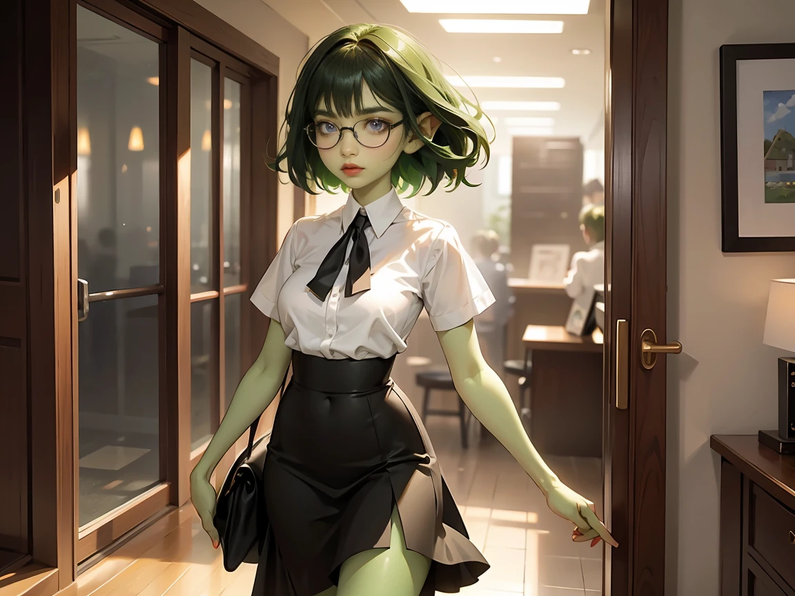 ((best quality)), ((masterpiece)), (detailed), perfect face, ((green skin)), pointy ears, very shy, tiny breasts, wearing black rimmed glasses, short dark hair, wearing white blouse and black skirt and black pantyhose and back pumps, (night outside), carrying purse, in an office building, heading for the door to go home, business attire, perfect hands, dynamic pose, soft lighting