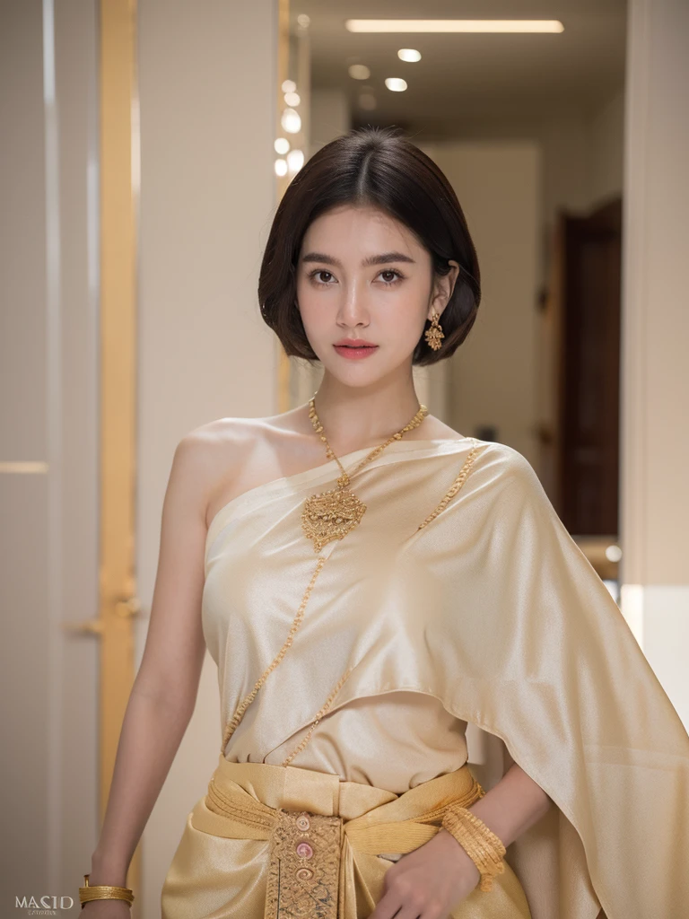 (RAW photo:1.2), (photorealistic:1.4),(masterpiece:1.3),(best quality:1.4),ultra high res,(detailed eyes),(detailed facial features),(detailed clothes features),HDR,8k resolution, solo focus,thai tradition dress,tradition shawl ,golden jewelry,1 girl ,facing to viewer,full body, depth of field,cinematic light,(adorable  girl with rim lighting :1.2), (((perfect body shape ))),,21 year old ,(Eurasian face),(pale skin),(gorgeous short hair:1.1),(dark hair:1.11)