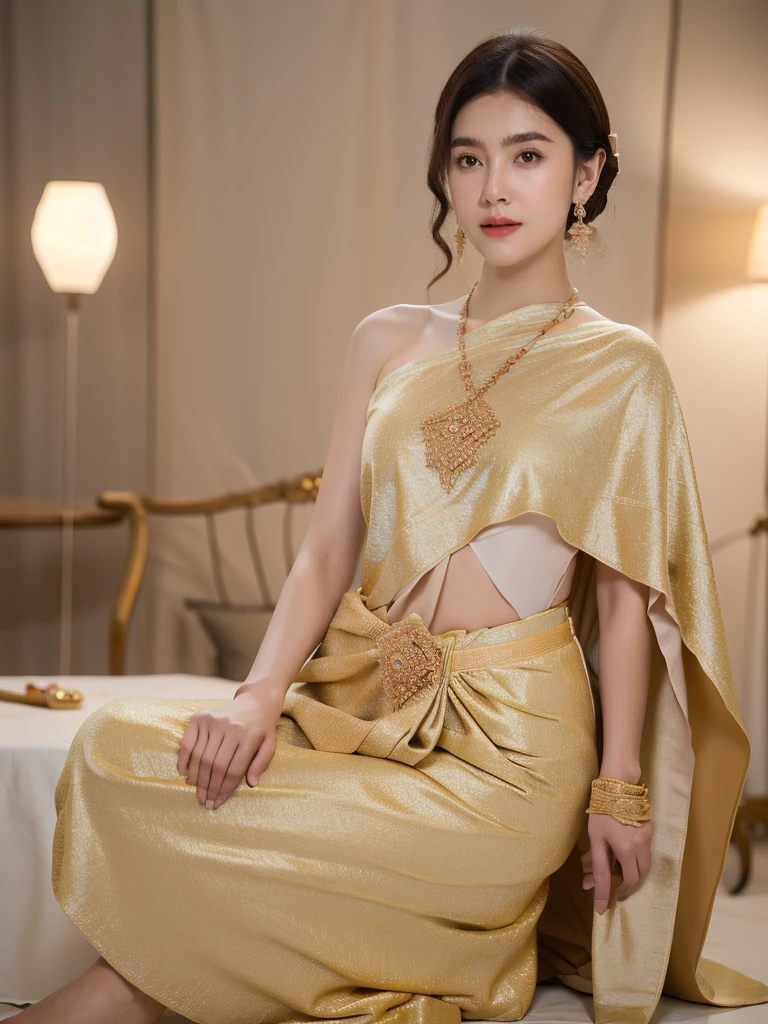 (RAW photo:1.2), (photorealistic:1.4),(masterpiece:1.3),(best quality:1.4),ultra high res,(detailed eyes),(detailed facial features),(detailed clothes features),HDR,8k resolution, solo focus,thai tradition dress,tradition shawl ,golden jewelry,1 girl ,facing to viewer,full body, depth of field,cinematic light,(adorable  girl with rim lighting :1.2), (((perfect body shape ))),,21 year old ,(Eurasian face),(pale skin),(gorgeous short hair:1.1),(dark hair:1.11)