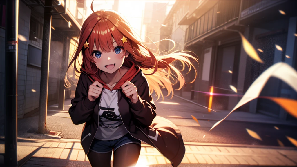 itsukinakano, Itsuki Nakano, bangs, Ahoge, Redhead, star \(symbol\), Smiling Kindly,hair ornaments, happy smile, smile, Open your mouth,Short braided hair,red oversized hoodie,Shorts,White Pantyhose,High-top sneakers,(LOL:1.1), (Open your mouth:1.1), Sun glare, Bokeh, Written boundary depth, Blurred Background, Particles of light, Strong winds, (Heart Particles:1.1), Highly detailed face, Perfect lighting, Highly detailed CG, (Perfect hands, Perfect Anatomy)