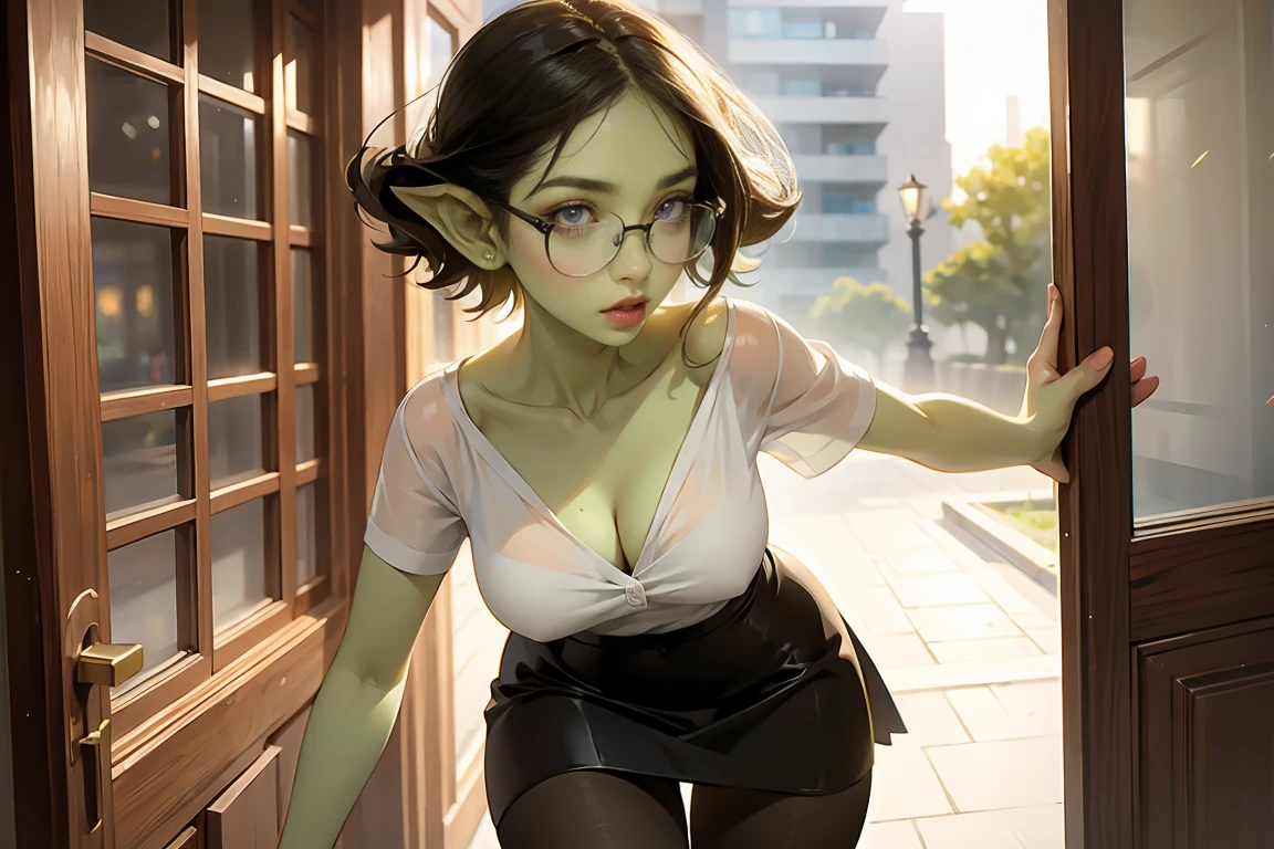 ((best quality)), ((masterpiece)), (detailed), perfect face, ((green skin)), pointy ears, very shy, tiny breasts, wearing black rimmed glasses, short dark hair, wearing white blouse and black skirt and black pantyhose and back pumps, (night outside), carrying purse, in an office building, heading for the door to go home, business attire, perfect hands, dynamic pose, soft lighting