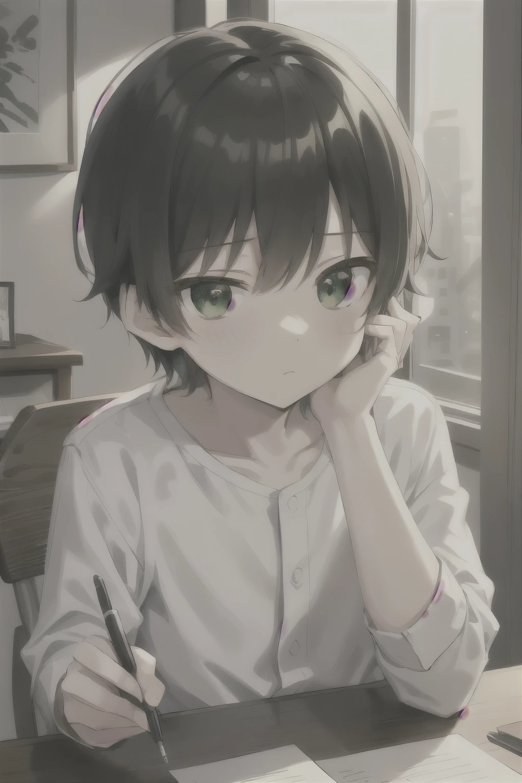 One boy, a Portrait of One boy, Detailed face, detailed eye, alone, Simple Background, Upper Body, Abstract,watercolor \(Moderate\), green_eye, Black Hair, white_shirt, hair between eye, Slope, Slope background、Reading a letter at a desk, Sit at a desk, evening, Close-up of desk and character, eyeの高さ, Warm indoor light, Character&#39;s thoughtful expression, Detailed and warm, Reflective and calm, Anime Style, Fascinating anime, Pixiv Fan Art,