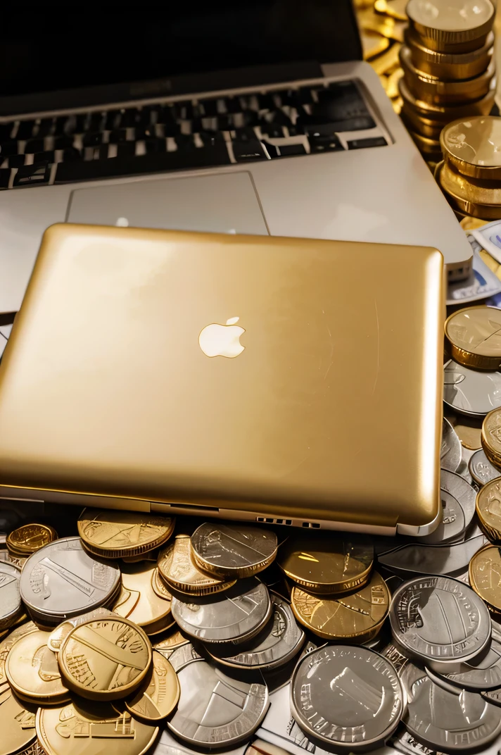 a laptop on top of a pile of gold coins and euro bills