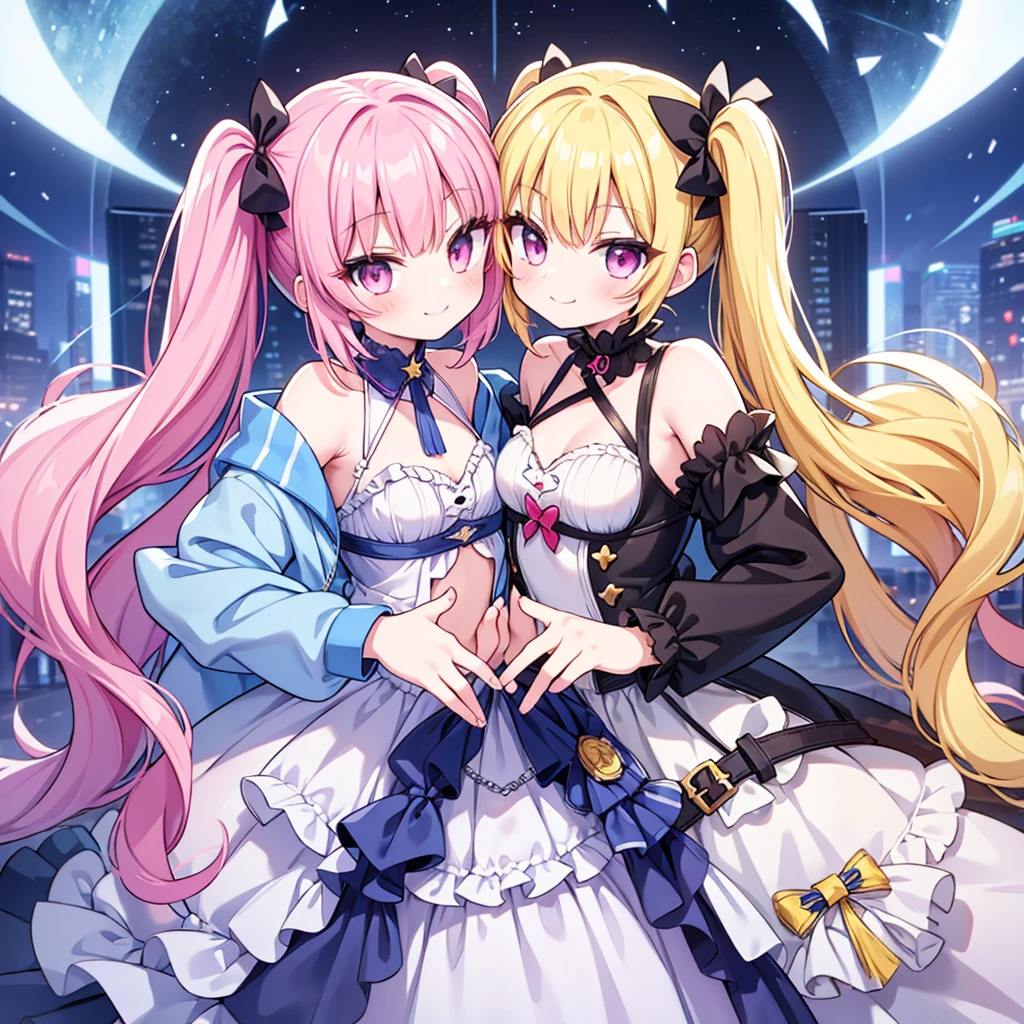 masterpiece, best quality, hyper detailed, 3girl, evil smiling, looking at viewerery,flat chest,blue hair,short twintails,middle hair,sky blue eyes
1girl, evil smiling, looking at viewer,flat chest,small breasts,pink hair,twintails,middle hair,pink eyes,with star-shaped eyes,
2girl, evil smiling, looking at viewer,big chest,yellow hair,twintails,middle hair,yellow eyes,with star-shaped eyes,