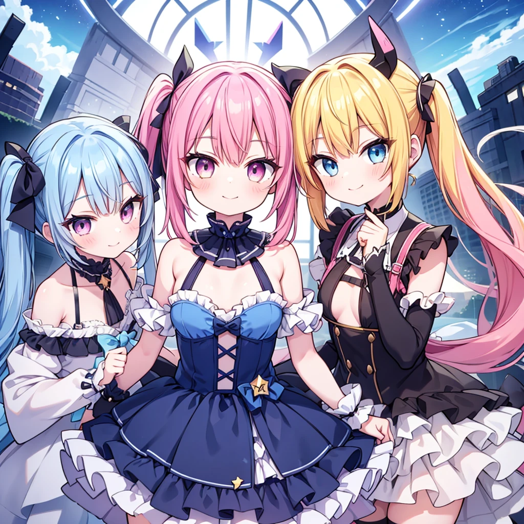 masterpiece, best quality, hyper detailed, 3girl, evil smiling, looking at viewerery,flat chest,blue hair,short twintails,middle hair,sky blue eyes
1girl, evil smiling, looking at viewer,flat chest,small breasts,pink hair,twintails,middle hair,pink eyes,with star-shaped eyes,
2girl, evil smiling, looking at viewer,big chest,yellow hair,twintails,middle hair,yellow eyes,with star-shaped eyes,