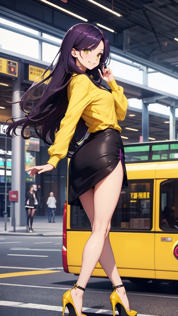 Beautiful Woman, Full Body, Showing Butt, Long Hair, Dark Purple Hair, Green Mini Skirt, Yellow Shirt High Heels, Smiling, Yellow Eyes, Bus Station Background