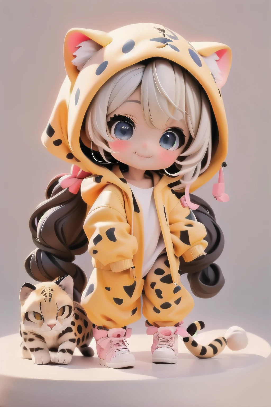 cute chibi girl smiling wearing a (cheetah kigurumi)