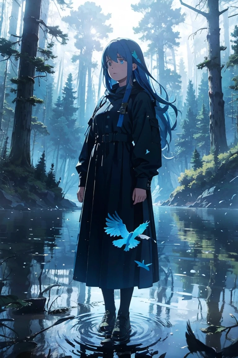 Billie Eilish surrounded by blue birds while she's standing in a lake surrounded by tall trees