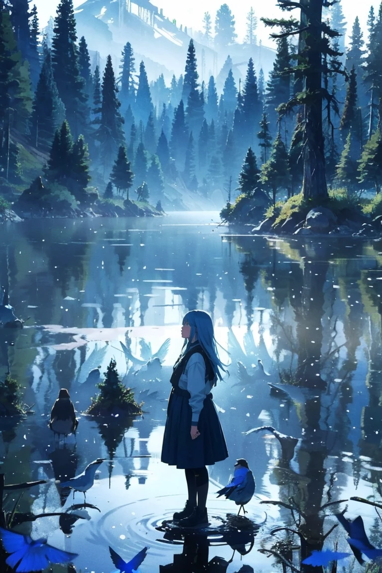 Billie Eilish surrounded by blue birds while she's standing in a lake surrounded by tall trees