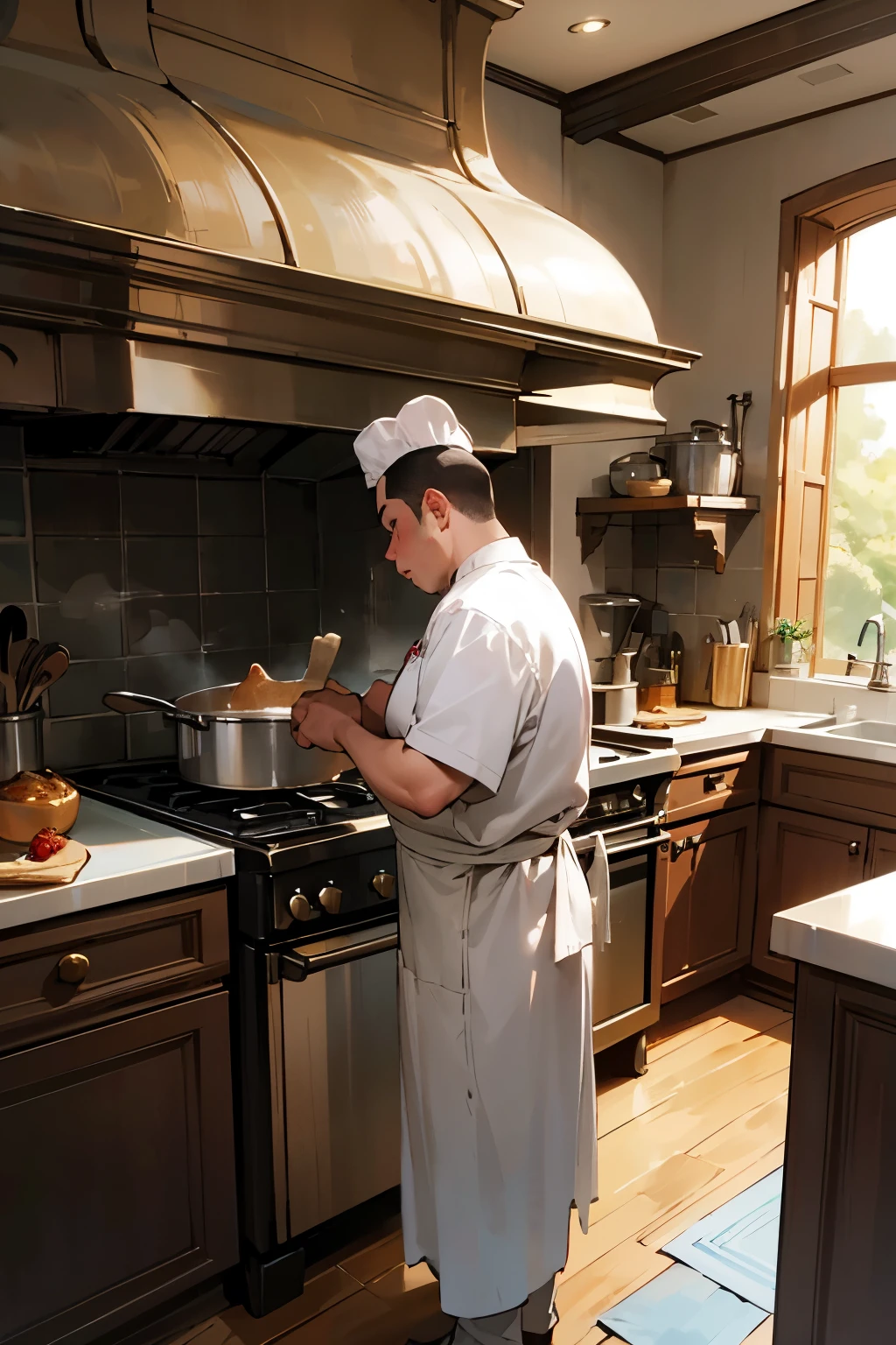 A hyper-realistic image of a very large and busy kitchen with a very large pot on a large stove. The chef intends to cook a pig, but the pig is in a state of concentration and yoga meditation to prepare itself. The chubby ugly chef is standing and looking in surprise