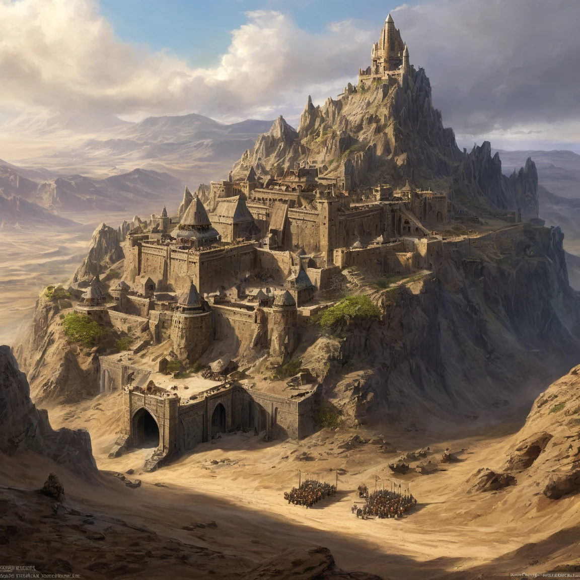 ((best quality)), ((masterpiece)), ((realistic,digital art)), (super detailed), (large dwarven fortress in a wide desert valley), (style fantasy)