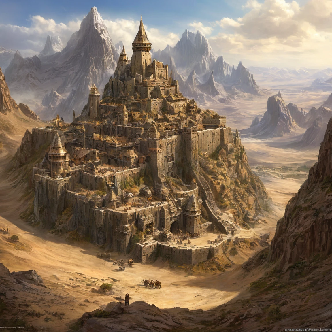 ((best quality)), ((masterpiece)), ((realistic,digital art)), (super detailed), (large dwarven fortress in a wide desert valley), (style fantasy)