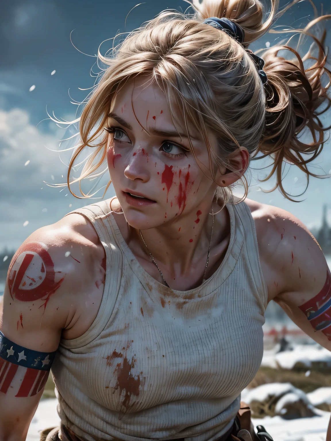 Helen Skelton, American Civil War era, close-up action shot from ground level, naked Confederate soldier, Celtic tattoos, swearing, sweating, damp hair, bloodied, on a bloody battlefield, snow, huge explosions, fires