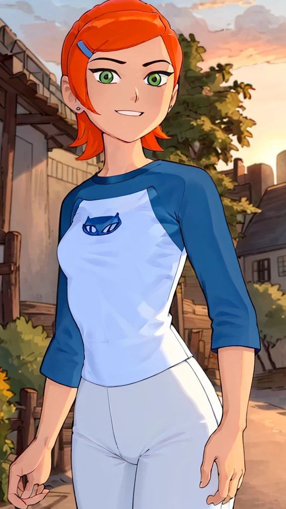 ((best quality)), ((highly detailed)), masterpiece, absurdres, (detailed eyes, deep eyes), (1girl), dynamic pose, upper body, gwen, hairclip, smiling, blue see trough shirt, raglan sleeves, white pants, (outside, in a wild west town, sunset) , hot body , seyy , (medium breasts1.2) , wet , full body