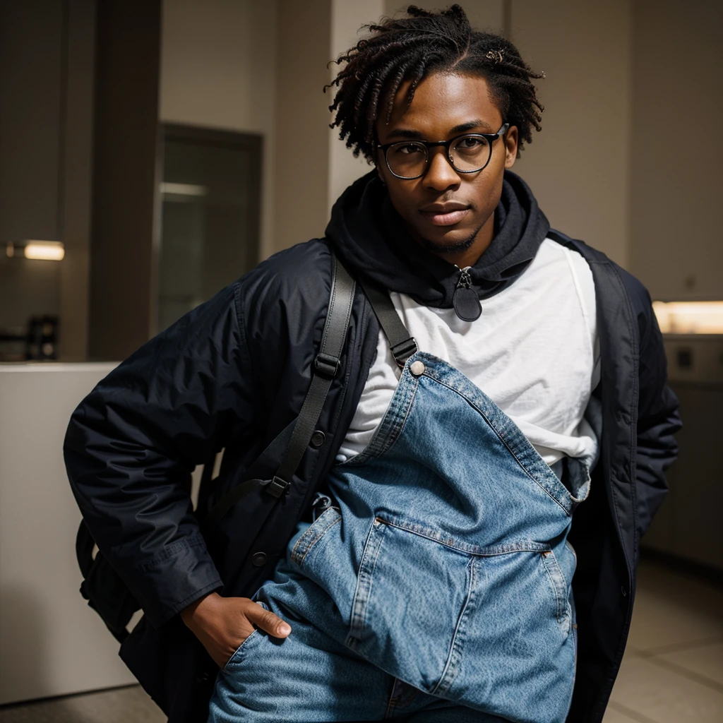 "young black man, wearing a huge coat full of pockets and compartments, backpack on his back, well-kept short curly hair, thick and modern glasses, comfortable and well-fitting jeans, resistant and stylish boots, confident and determined posture, soft lighting and natural, realistic details in the textures of the coat and backpack, high resolution and image quality, vibrant colors and well-defined contrast, 100% white background"