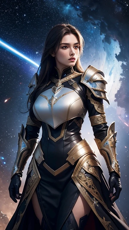 A stunning female knight dressed in intricately crafted leather armor with a futuristic twist, standing against a cosmic backdrop filled with stars and distant galaxies. She holds a gleaming, high-tech sword that glows with a mysterious light. Her armor, a mix of brown and black leather, features detailed patterns and embellishments that reflect both elegance and strength, enhanced with elements of advanced technology. The intricate design showcases her status as a powerful and beautiful paladin in a sci-fi universe. Her presence is both fierce and graceful, embodying the essence of a space-fantasy warrior