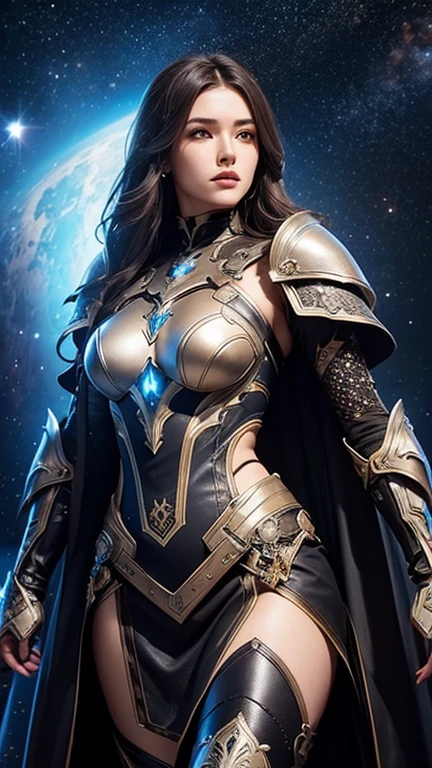 A stunning female knight dressed in intricately crafted leather armor with a futuristic twist, standing against a cosmic backdrop filled with stars and distant galaxies. She holds a gleaming, high-tech sword that glows with a mysterious light. Her armor, a mix of brown and black leather, features detailed patterns and embellishments that reflect both elegance and strength, enhanced with elements of advanced technology. The intricate design showcases her status as a powerful and beautiful paladin in a sci-fi universe. Her presence is both fierce and graceful, embodying the essence of a space-fantasy warrior