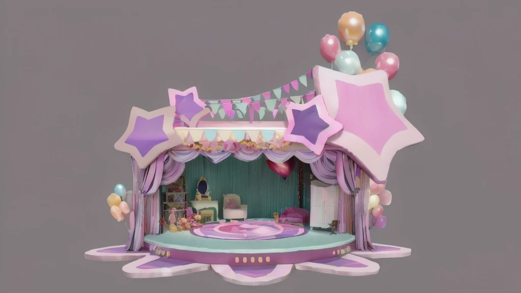 there is a small doll house with a stage and balloons, kawaii hq render, 3 d stylize scene, theater stage, in a candy land style house, 3 d render stylized, 3d magical details, theatre stage, stage, detailed set design, stage background, beautiful render of a fairytale, cute 3 d render, stylized 3d render