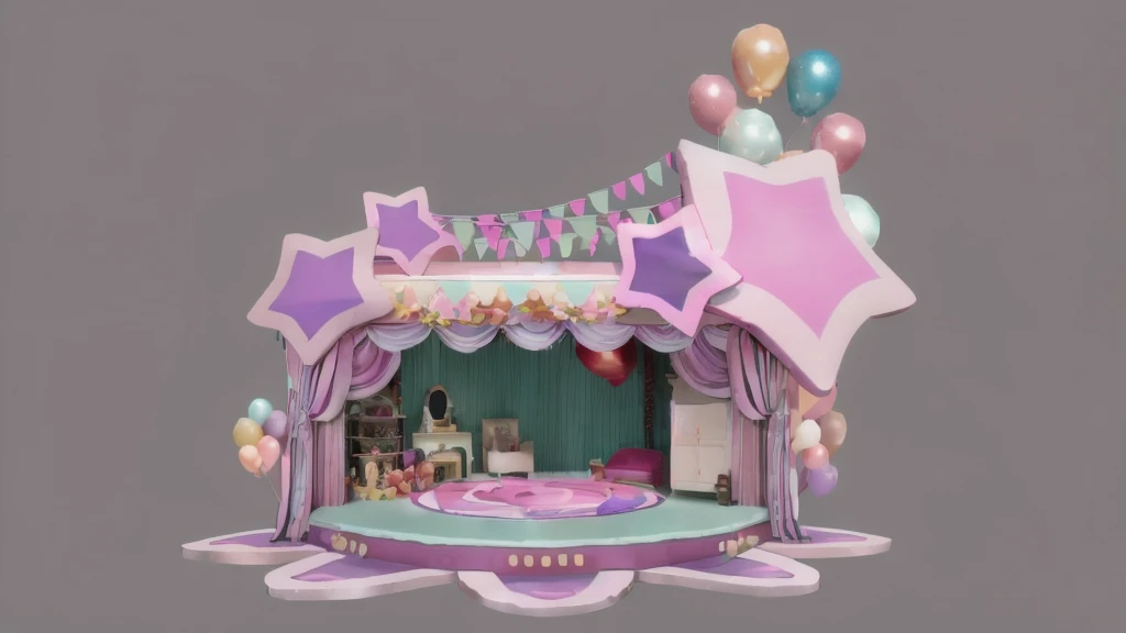 there is a small doll house with a stage and balloons, kawaii hq render, 3 d stylize scene, theater stage, in a candy land style house, 3 d render stylized, 3d magical details, theatre stage, stage, detailed set design, stage background, beautiful render of a fairytale, cute 3 d render, stylized 3d render