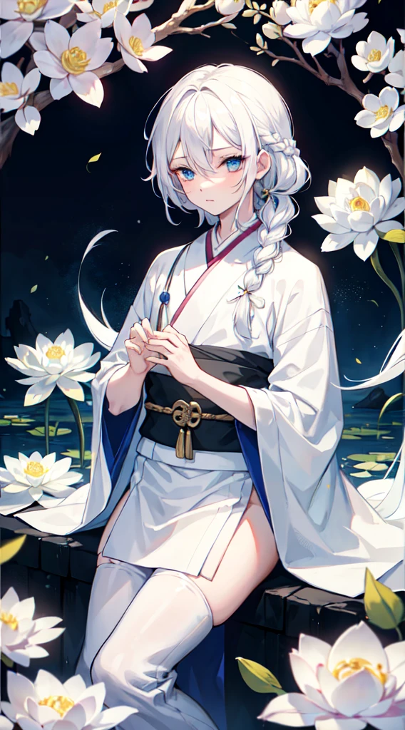 detailed eyes, detailed eye, detailed face, UHD, retina, ccurate, anatomically correct, textured skin, super detail, award winning, highres, best aesthetic, ultra high res, distinct, ultra detailed, best quality, high quality, ultra quality, 16k, high details, high resolution, detailed, masterpiece, beautiful, detailed skin, yaoi, （full body）, （1 cuntboy）, white hair, right braid loose side tail hair, wavy hair, right braid loose side tail wavy white hair, blue eyes, sleepy eyes, double eyelid, white lotus, white lotus kimono, white lotus hair ornaments, （beautiful cuntboy with right braid loose side tail wavy white hair holding a white lotus flower）