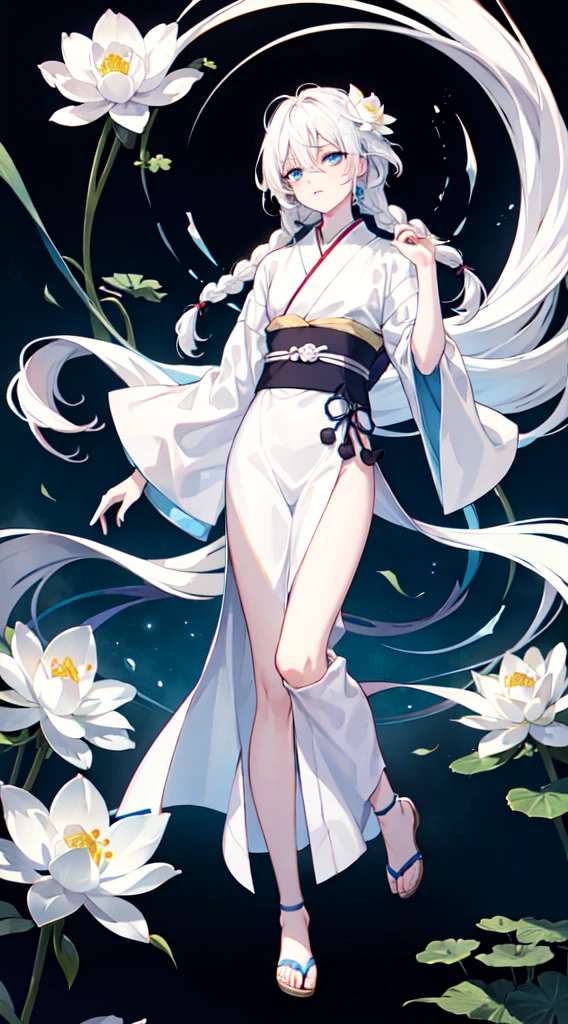 detailed eyes, detailed eye, detailed face, UHD, retina, ccurate, anatomically correct, textured skin, super detail, award winning, highres, best aesthetic, ultra high res, distinct, ultra detailed, best quality, high quality, ultra quality, 16k, high details, high resolution, detailed, masterpiece, beautiful, detailed skin, yaoi, （full body）, （1 cuntboy）, white hair, right braid loose side tail hair, wavy hair, right braid loose side tail wavy white hair, blue eyes, sleepy eyes, double eyelid, white lotus, white lotus kimono, white lotus hair ornaments, （beautiful cuntboy with right braid loose side tail wavy white hair holding a white lotus flower）