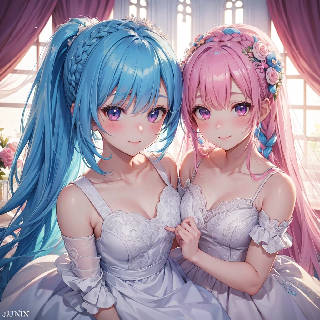 Sky blue hair, (Braided Ponytail),(Pink Eyes),Fair skin ,(whole body),(1 Girl),bride,blush,Straight bangs, 6月のbride,Wedding dress,(masterpiece, Highest quality, Very detailed, Best Shadow), (Detailed Background), (Beautifully detailed face), High Contrast, (Best lighting, Very delicate and beautiful), ((Cinematic Light)), colorful, Hyper Detail, Dramatic Light, Intricate details,Wedding hall,Rose flower。