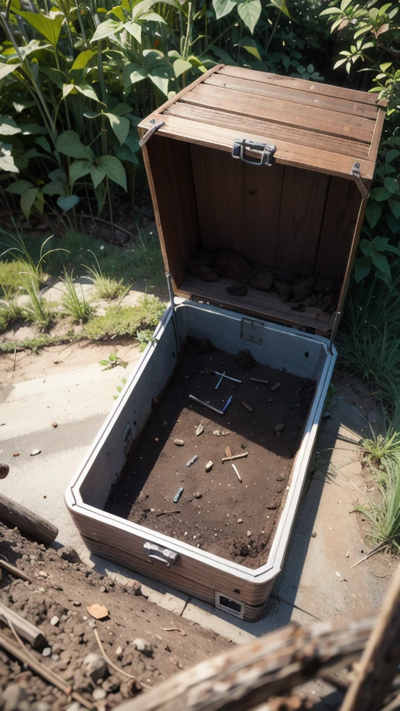 A rusty metal box half-buried in the ground.