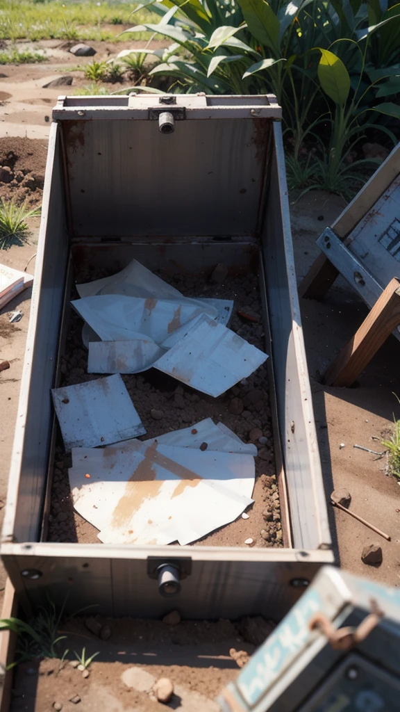 A rusty metal box half-buried in the ground.