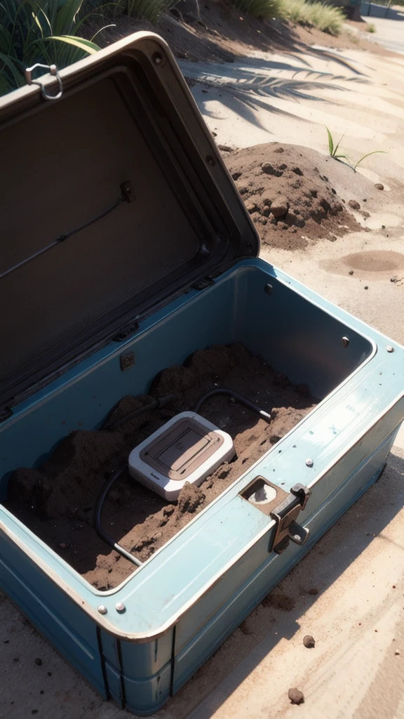 A rusty metal box half-buried in the ground.