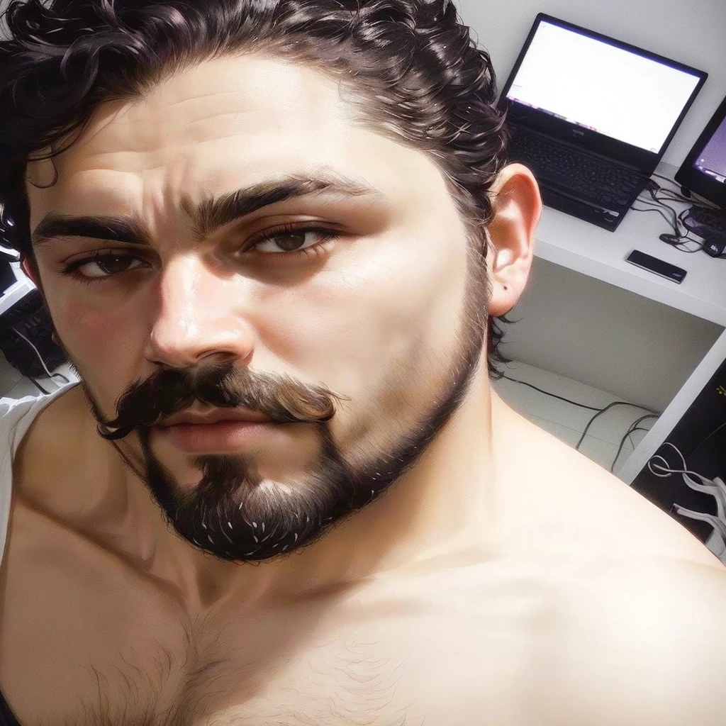 there is a man with a beard and mustache in a room, neck beard, reddit, Serpentina do Twitch / gamer ludwig, 8k selfie photograph, little beard, reddit post, sem beard, with a little beard, 27 years old, 3 2 year old male, taken at the beginning of 2020, 28 years old