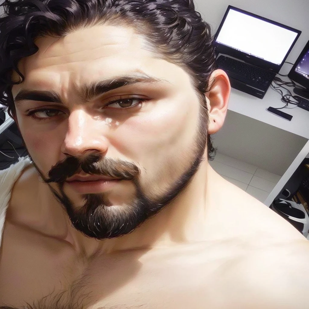 there is a man with a beard and mustache in a room, neck beard, reddit, Serpentina do Twitch / gamer ludwig, 8k selfie photograph, little beard, reddit post, sem beard, with a little beard, 27 years old, 3 2 year old male, taken at the beginning of 2020, 28 years old