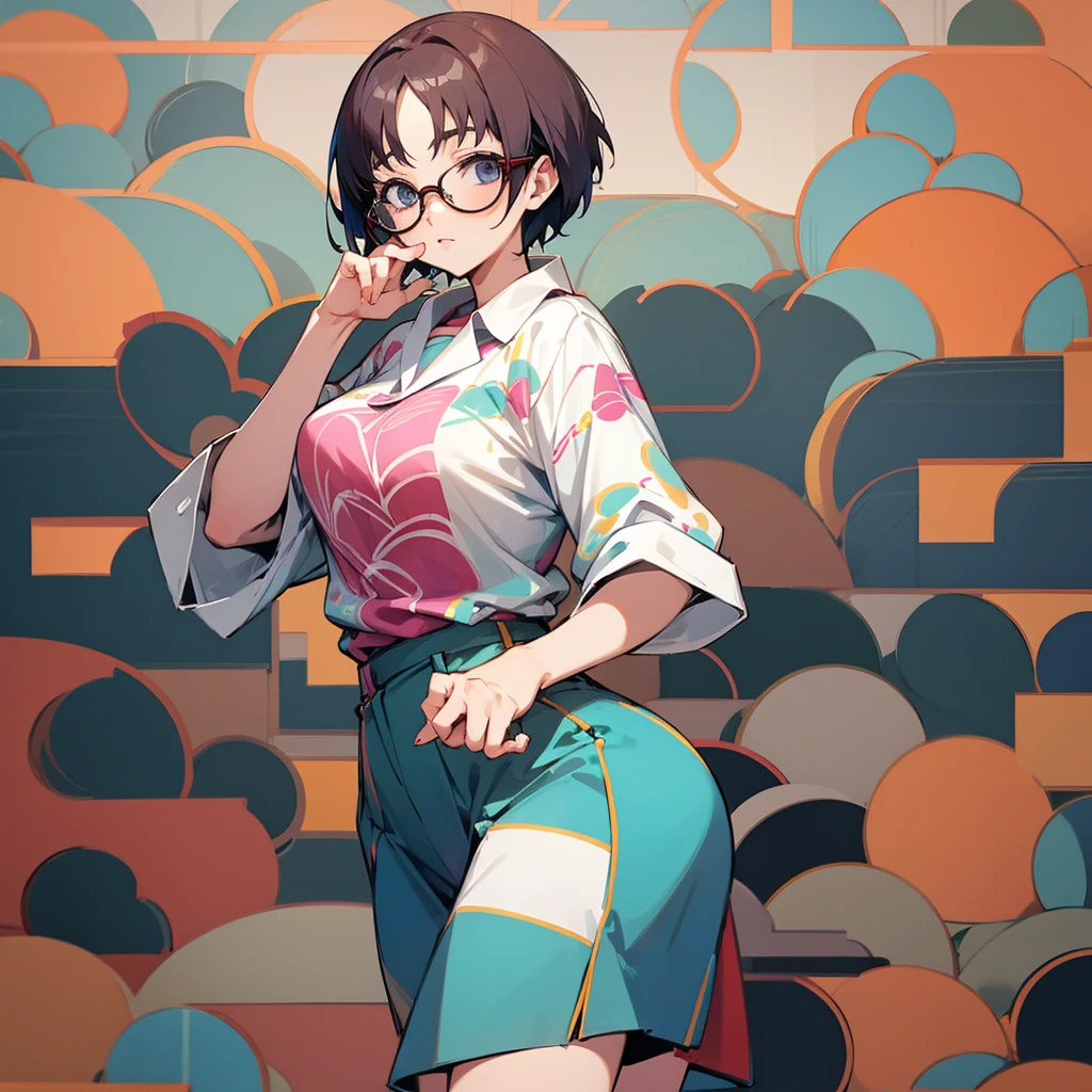 ultra-detailed:1.3, ultra delicate and detailed face:1.3, (absurdres, texture, masterpiece), pixiv contest winner, by Posuka Demizu, dynamic manga-style illustration of girl with glasses,A girl is stretching in an oversized tank top, which is so short that her belly button is visible.,more detail XL,niji5,