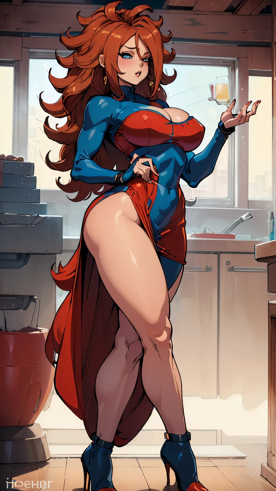 (best qualityer:1.3), android 21, ), busty, cleaveage, (chestnut hair), seductiv, rosto sensuous, sensuous, curvy body, big-ass, (tight blue and red dress), short dress, strong legs, strong bodie, brawny