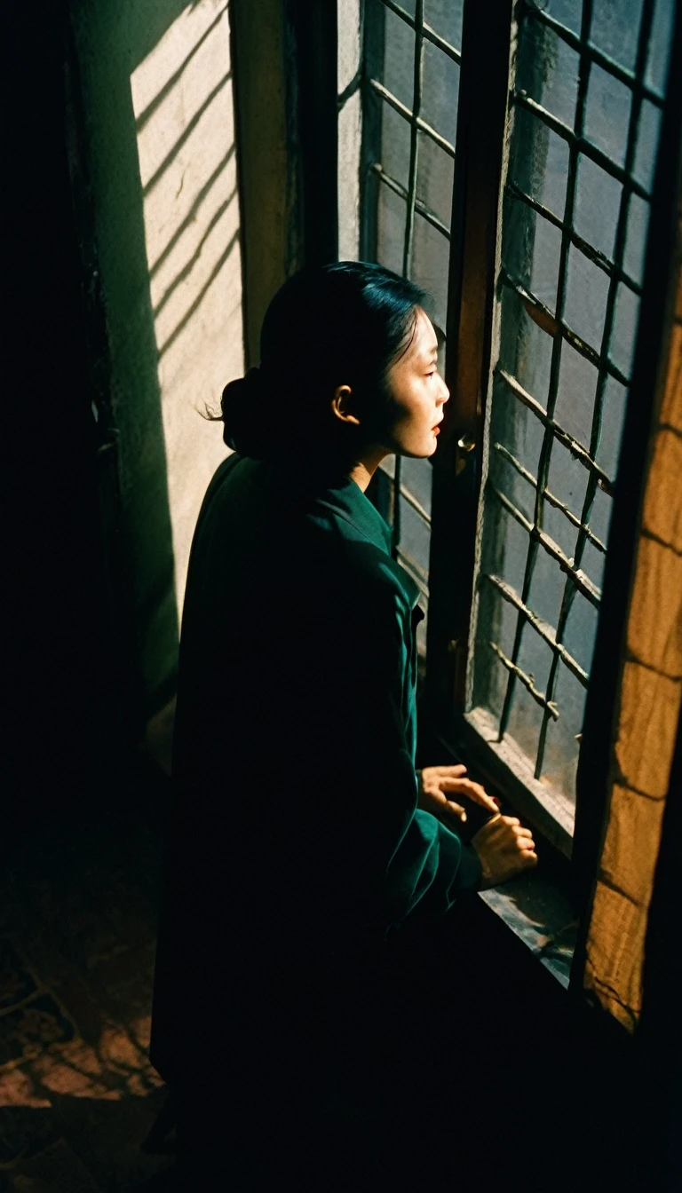 Extreme high angle shot from above, woman, drama movie, movie still, lighting through
window, shadows on face, wong kar wai color palette