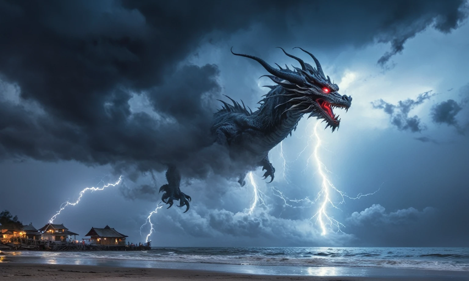  Gray-white clouds Cloud in the shape of a dragon with glowing eyes of lightning, crimson cloud outlines of a dragon mist over the sea, mystical haze and fog, rapid dynamic lightning among clouds, black night, hyperrealistic, beautiful, lumen, hurricane wind, large lightning ,full-body-shot,High contrast,Masterpiece,Realistic,Ultra Detailed,intricate details,realistic humid skin,extremely intricate,realism,photorealism, cinematic style,irina yermolova,HDR,((Wangechi Quality)),extremely detailed, [night landscape],masterpiece,intricate details,faded,eyes extremely detailed, high detailed eyes,16k resolution,RAW, Nikon Z9,chinese orc's village of fishers on seaside,authentic,full body length,Labradorite girl,native italian troll ,pretty face,eyebrow up,full body shot,ominous landscape,glate gray atmosphere,by art Simon Stalenhag,Nicola Samori,(((Wangechi Mutu))),prime colors,urban,extremely detailed,masterpiece,intricate details,faded,eyes extremely detailed, high detailed eyes,4k resolution,RAW, Nikon Z9