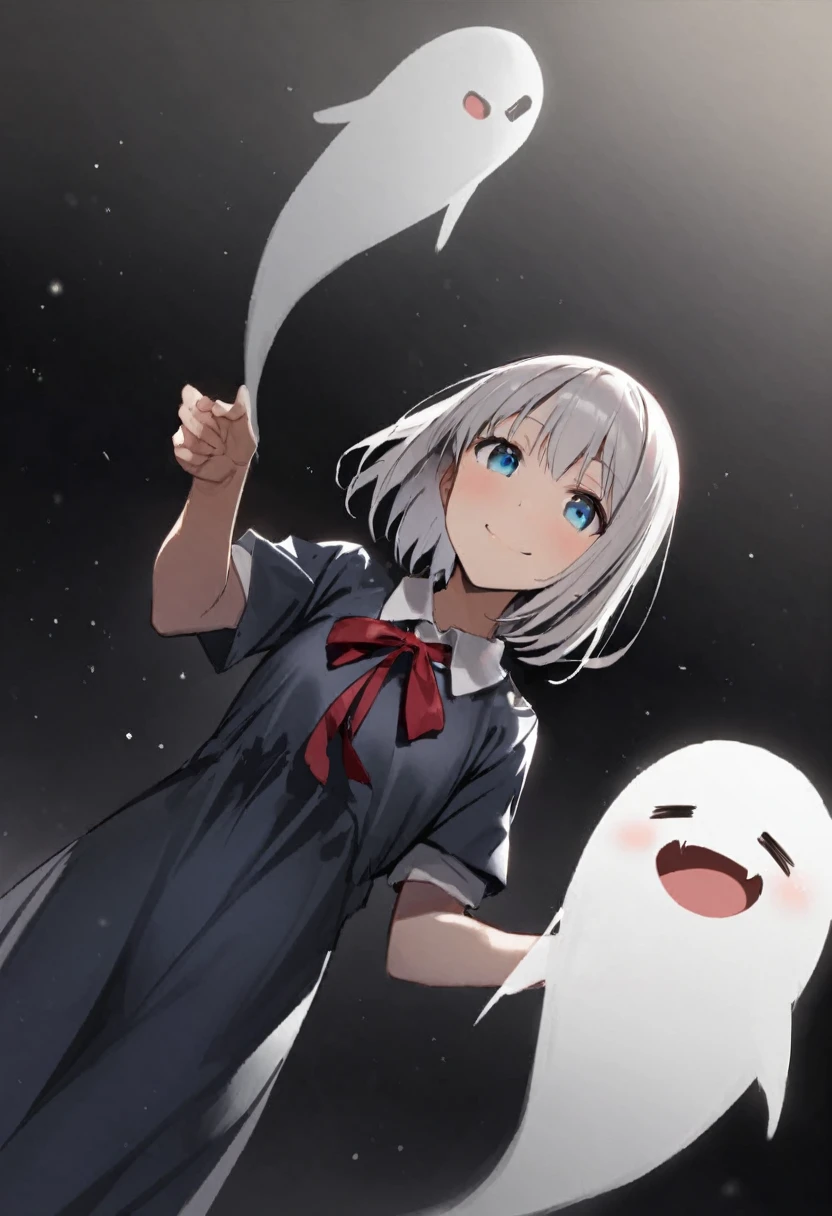 ghost、darkness、真夜中のghost屋敷の中で、Girl、Girl、Short、Younger、、Baby Face、Both eylat chest、Dynamic Angle、smile