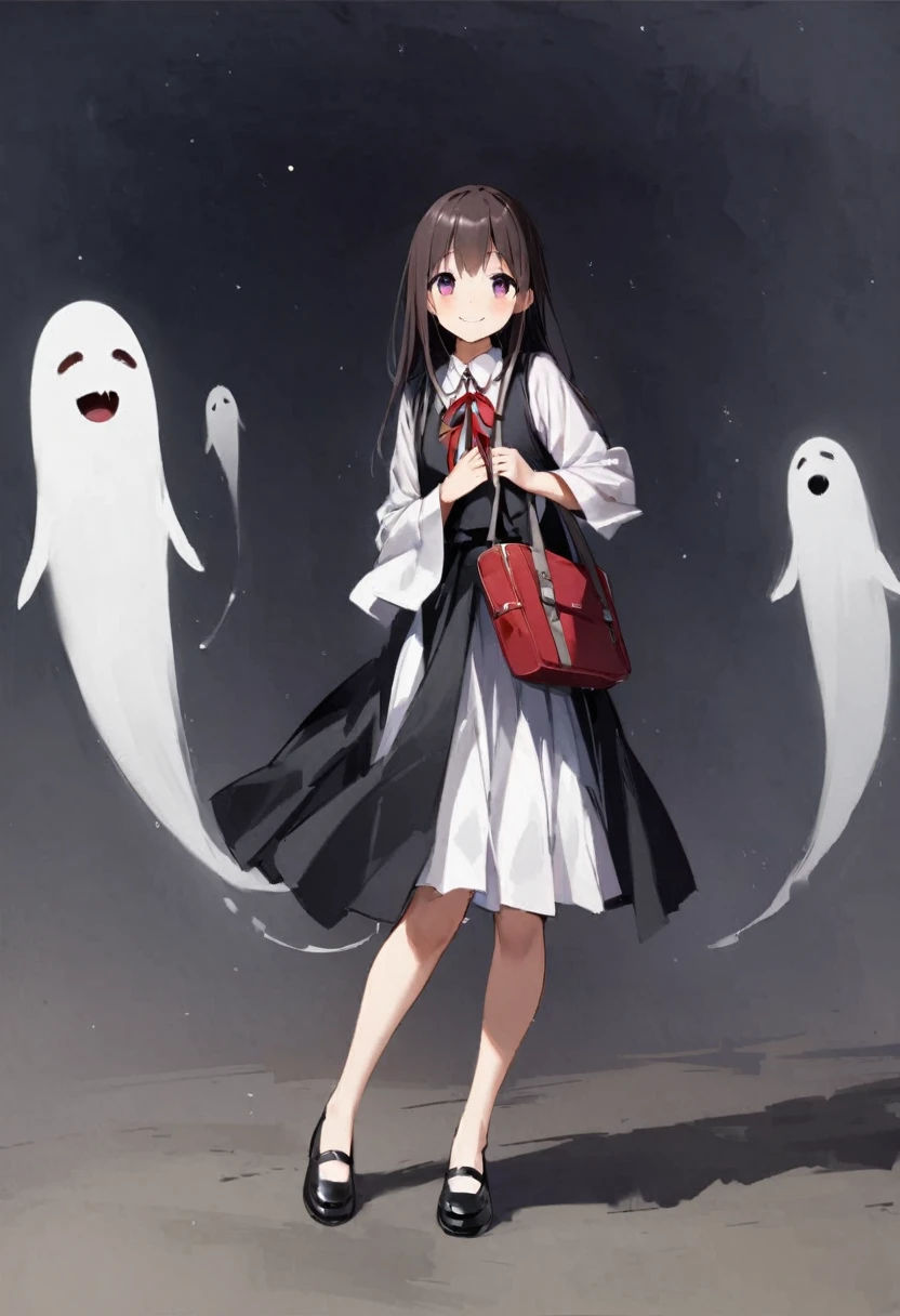ghost、darkness、真夜中のghost屋敷の中で、Girl、Girl、Short、Younger、Lower school year、Baby Face、Both eyes open、flat chest、Dynamic Angle、smile