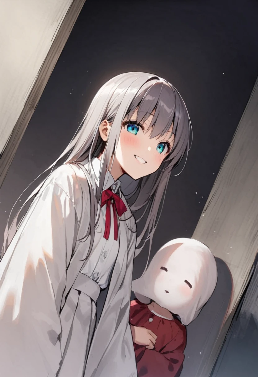 ghost、darkness、真夜中のghost屋敷の中で、Girl、Girl、Short、Younger、Lower school year、Baby Face、Both eyes open、flat chest、Dynamic Angle、smile
