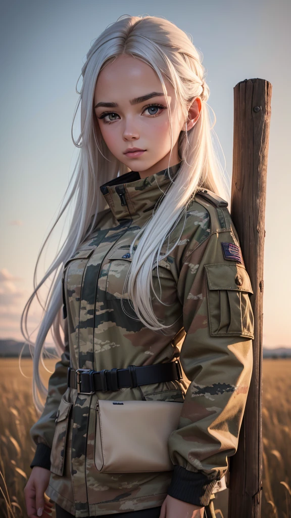 (work of art, best qualityer), detalhes perfeitos, 8K, Full HD, Woman, Camouflage clothes, in a field, at dusk with a brave face, Long white hair
