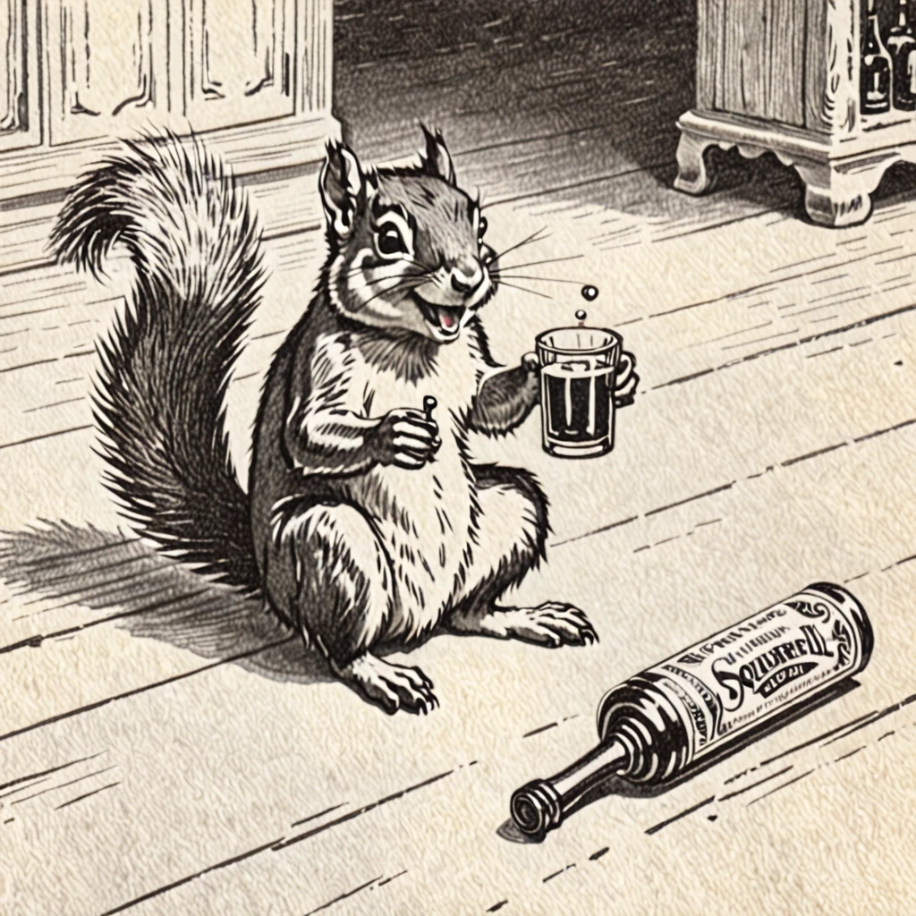 Squirrel, drunk, drinking Rum, vintage, pencil draw, laying on the floor, laughing, very drunk